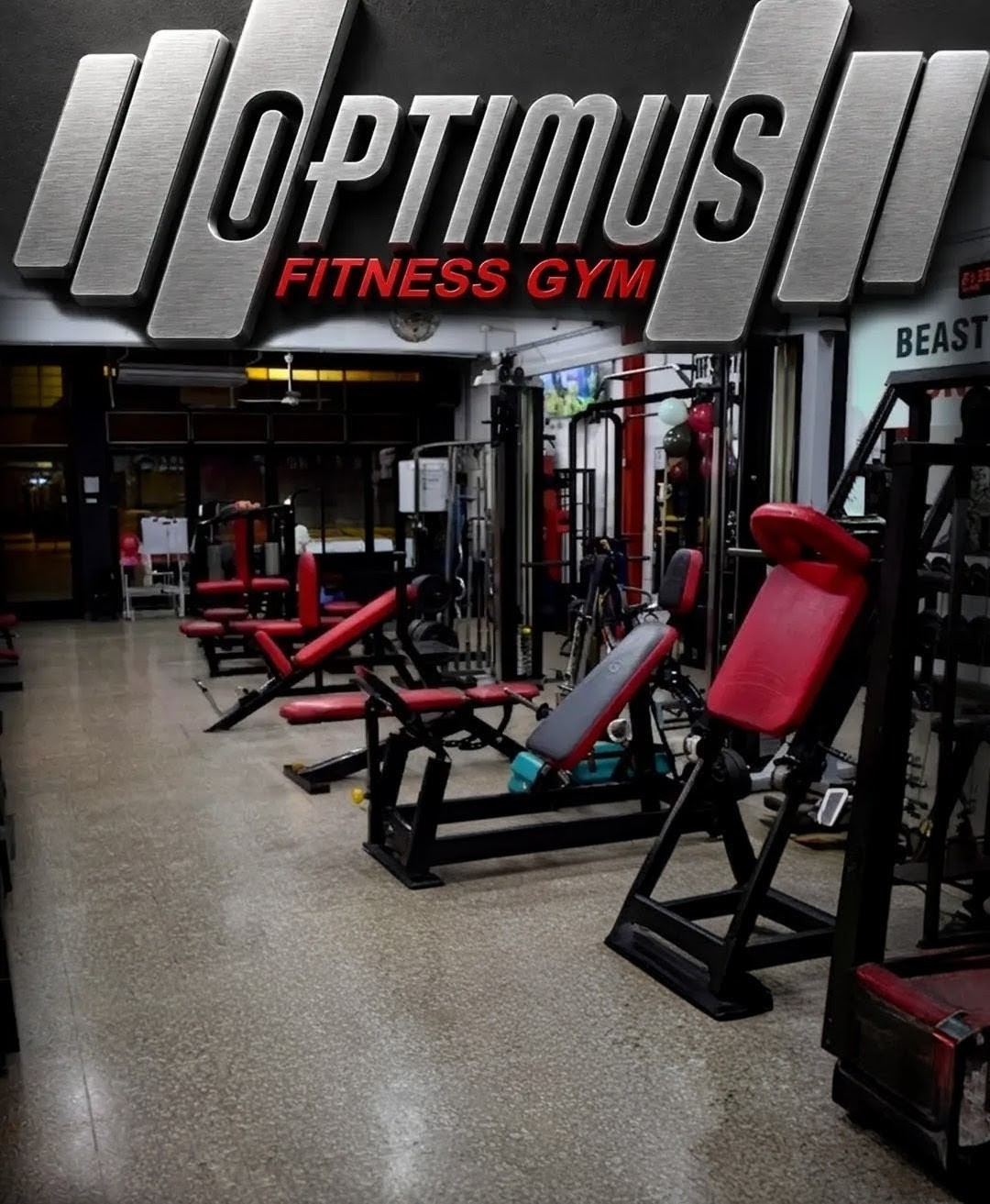 Interior de Optimus Fitness Gym: sala de musculación con máquinas profesionales